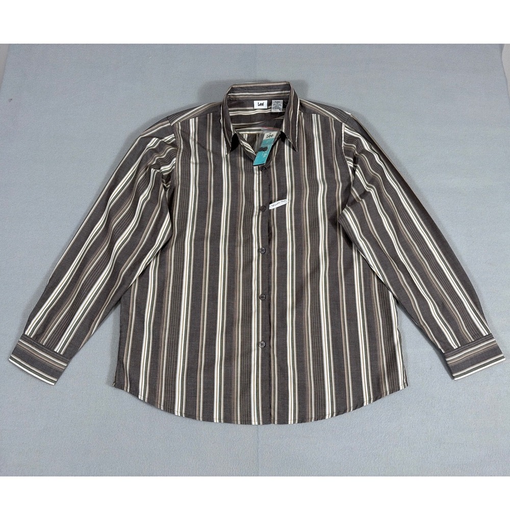 Lee Mens Easy Fit Wrinkle Free Striped Button Down Shirt Brown White Size M NEW